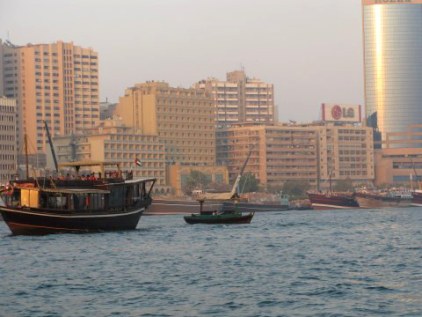 Busy wooden dhows on Dubai Creek Busy wooden dhows on Dubai Creek