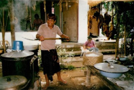 Bali village wedding feast rice preparation
