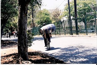 Man on bike with wine barrel on his back