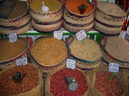 Nuts and lentils in baskets