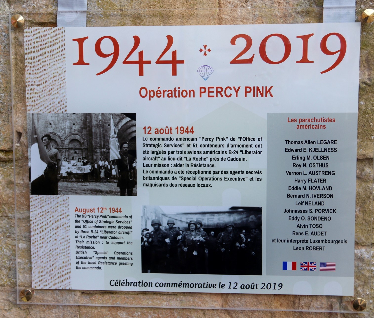OPeration Percy Pink Memorial Plaque on the side of the Abbey Church of Cadouin, Dordogne, France OPeration Percy Pink Memorial Plaque on the side of the Abbey Church of Cadouin, Dordogne, France