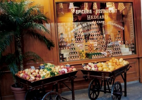 Paris Epiciere and Restaurant Hediar with food barrows Paris Epiciere and Restaurant Hediar with food barrows