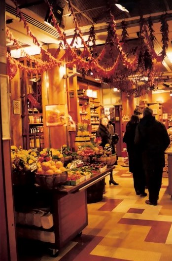 Red pepper garlands in Paris food shop Red pepper garlands in Paris food shop