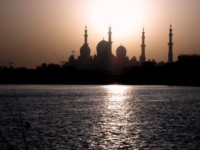 Abu Dhabi Grand Mosque sunset silhouettes
