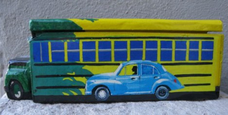 Cuban domino box with bus and Morris Minor 1000