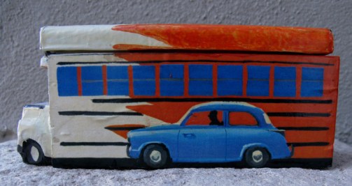 Cuban domino box with bus and small blue classic car