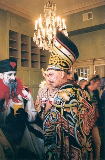Exotic costumes of French Quarter balcony party during New Orleans Mardi Gras