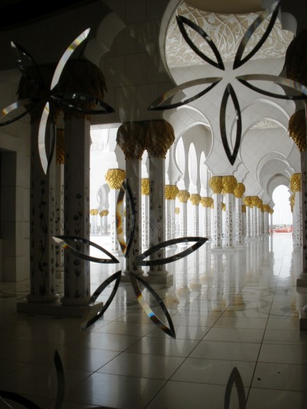 Grand mosque Abu Dhabi colonnades with beveled glass