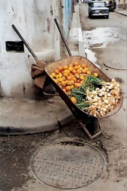 Fresh vegetable stall in wheelbarrow in Havana