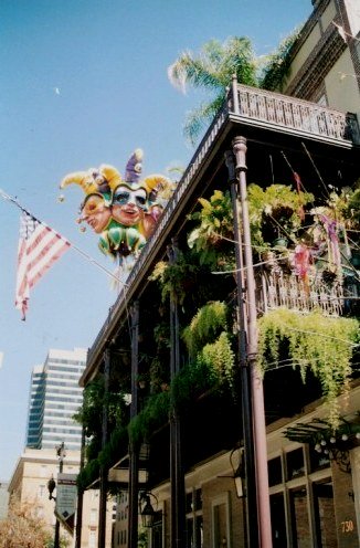 Mardi Gras decorated New Orleans balcony