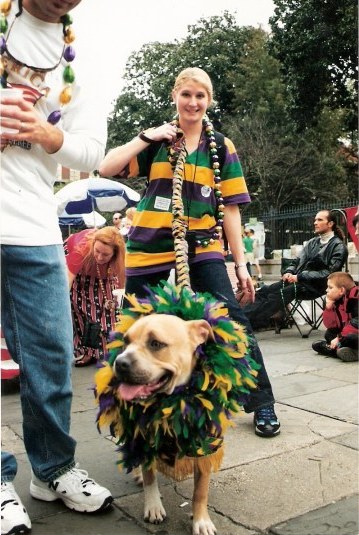 Mardi Gras feather hound at Krewe of Barkus Parade New Orleans