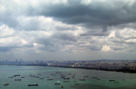 Ships waiting to enter Singapore Harbour