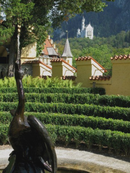 Neuschwanstein and the Swan Fountain of Hohenschwangau Castle Bavaria