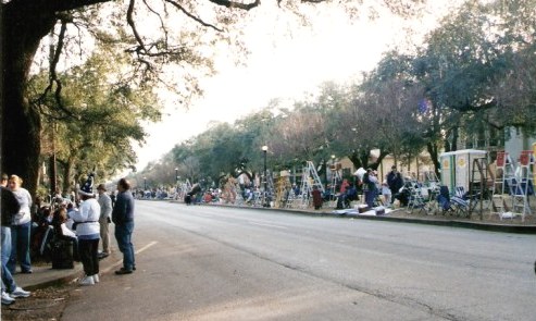 New Orleans parade route with waiting families