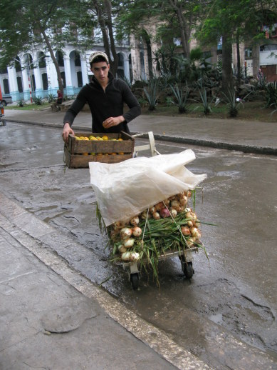 Onions and oranges on street trolley Havana Cuba