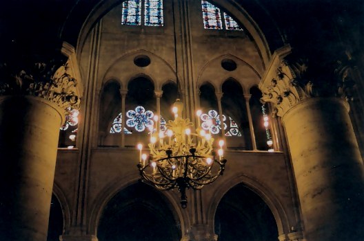 Notre Dame Cathedral Paris Chandelier framed by Rose Windows Notre Dame Cathedral Paris Chandelier framed by Rose Windows