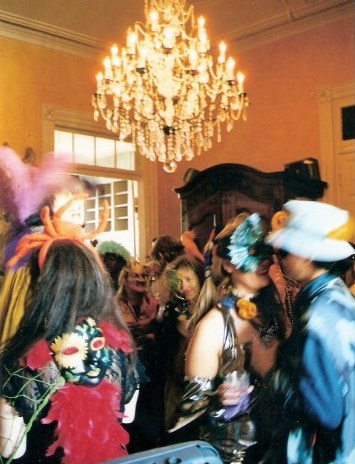 Party crowd French Quarter balcony party during New Orleans Mardi Gras