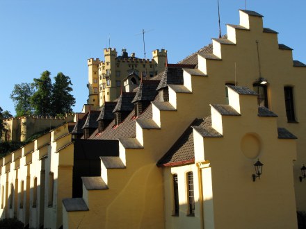 Stepped Hohenschwangau rooftop with castle behind